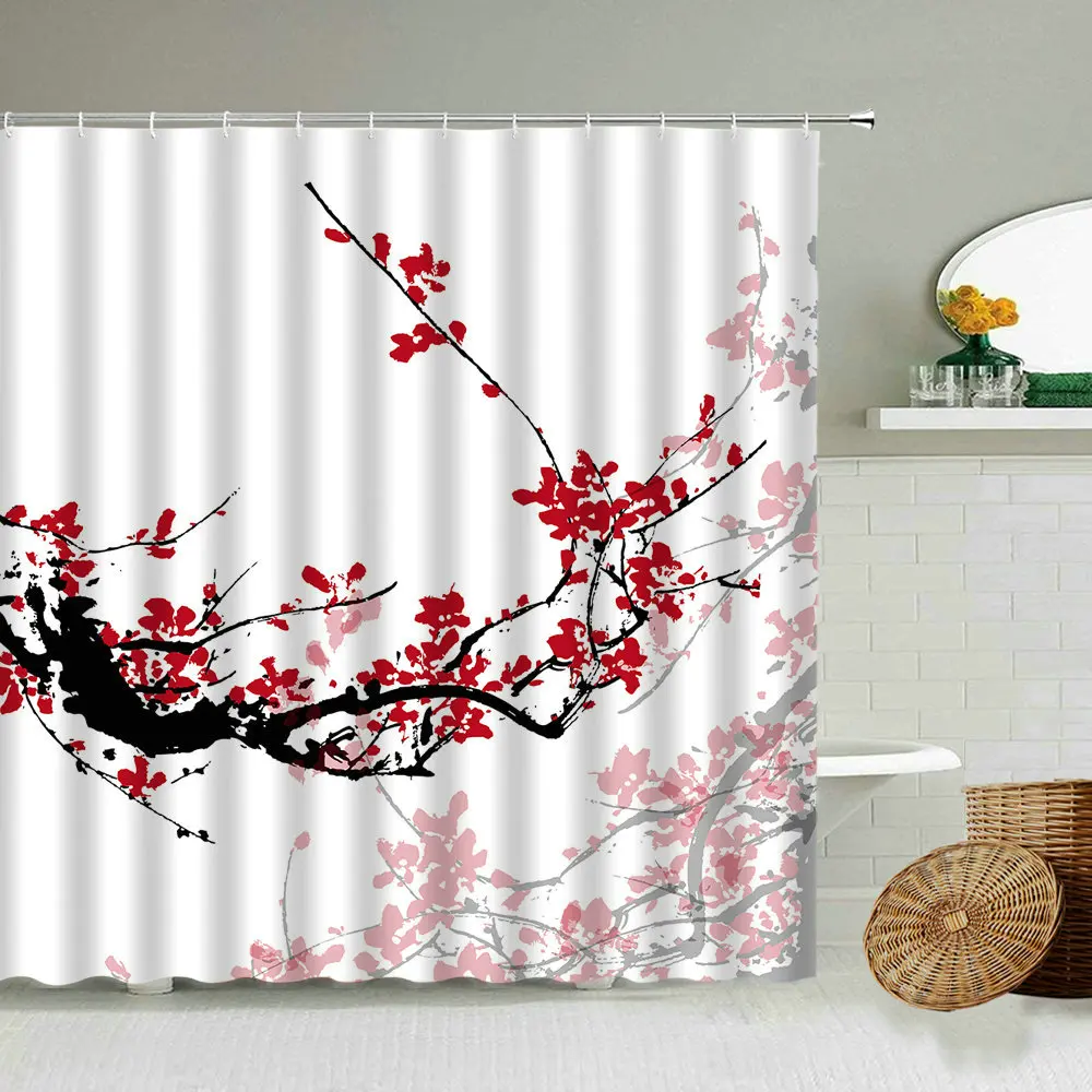 

Chinese Ink Painting Shower Curtain Landscape Plum Blossom Flower Fish Family Bathroom Accessories With Hook Waterproof Screen