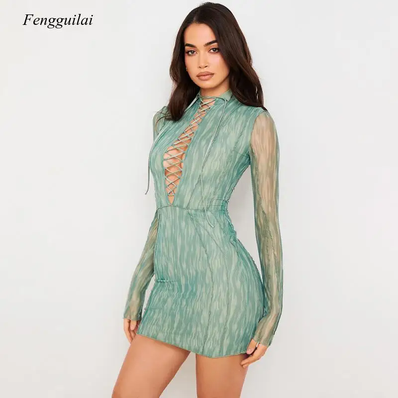 

2021 Spring and Summer New Sexy Hollow Out Lace Up Long Sleeve Dress Short Buttocks Skirt Green