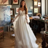 boho soft tulle off the shoulder wedding long puff sleeve dresses a line o neck sweep bride gown lace appliques