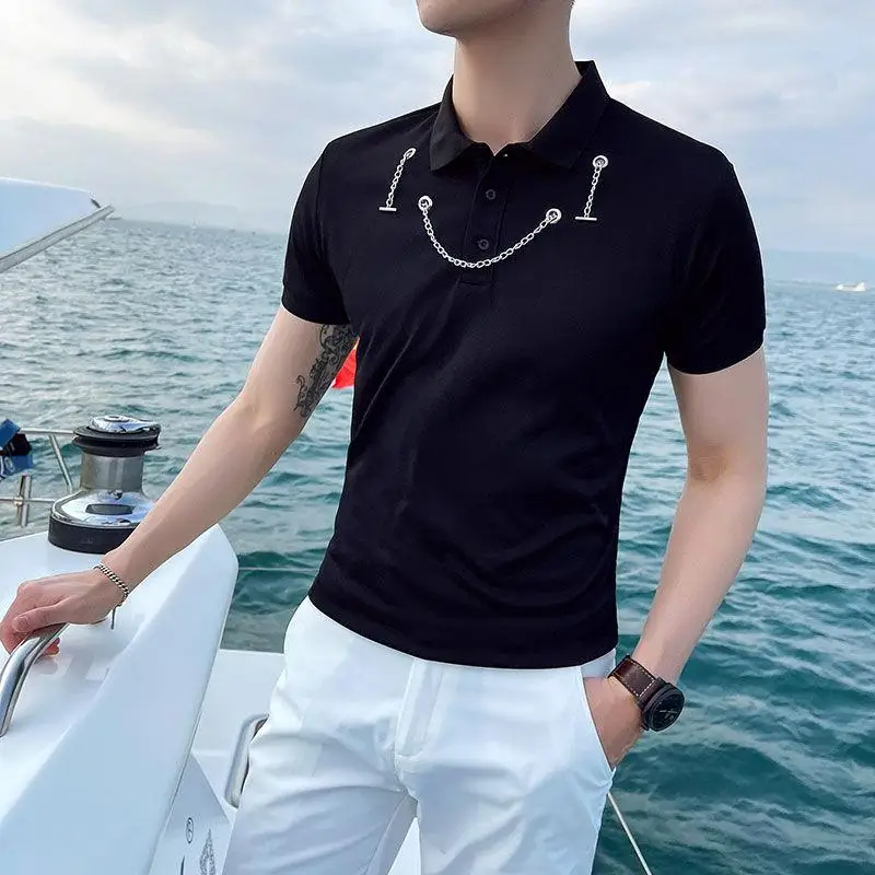 

2021 Summer short t-shirt fashion Solid Chain Decorated Viscose Polo Shirt with Turn-Down Collar England style Vip men top