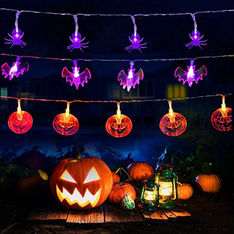3Pcs Halloween LED Fairy String Lights Cartoon Pumpkin Ghost Bat Spider Battery Operated Remote Control Hanging Lamp | Дом и сад