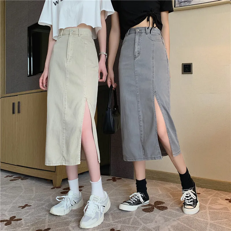 

Women Summer Apricot High Waist Button Long Denim Skirts Female Split Straight Skirt Vintage Soild Color Pencil Skirts Pockets