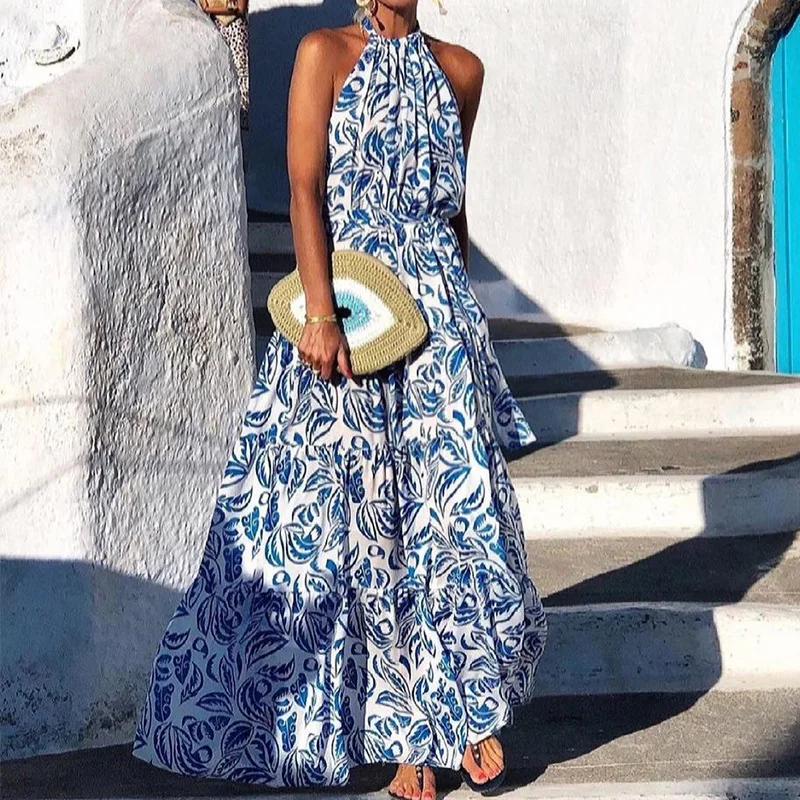 

Green blue printed sleeveless halter long dress Women high waist beach maxi dress robe longue femme boho hippie chic vestidos