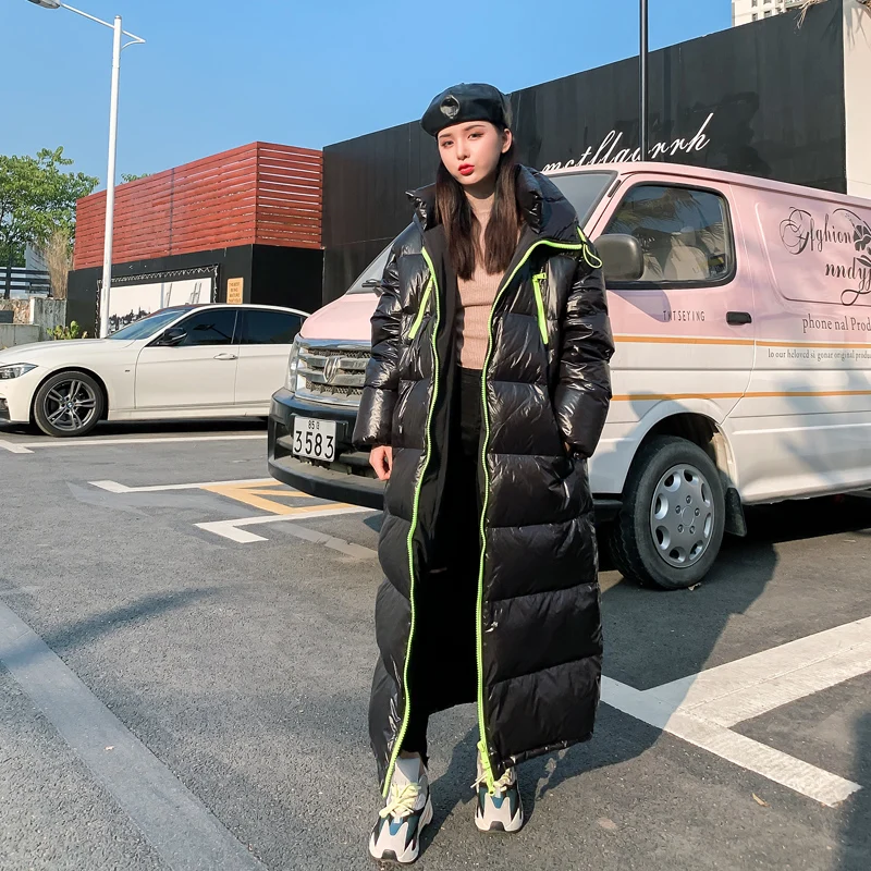 Женский пуховик выше колена блестящее Стеганое пальто зимняя теплая Толстая