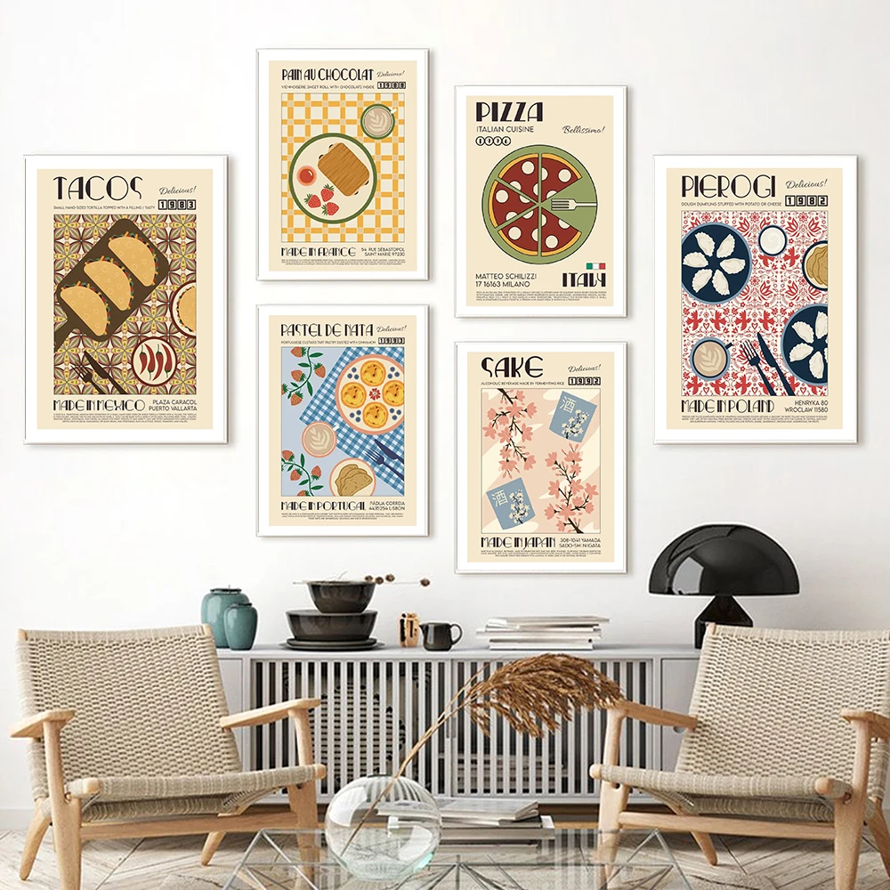 

Modern Kitchen Delicious Foods Wall Art Poster Prints Decor Funny Cartoon Pizza Sake Canvas Painting Retro Bar Room Home Mural