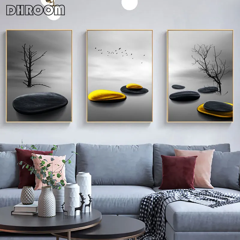 Современный минималистичный пейзаж с принтом деревьев и птиц Постер