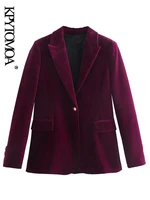 kpytomoa women fashion single button velvet blazer coat vintage long sleeve flap pockets female outerwear chic veste femme