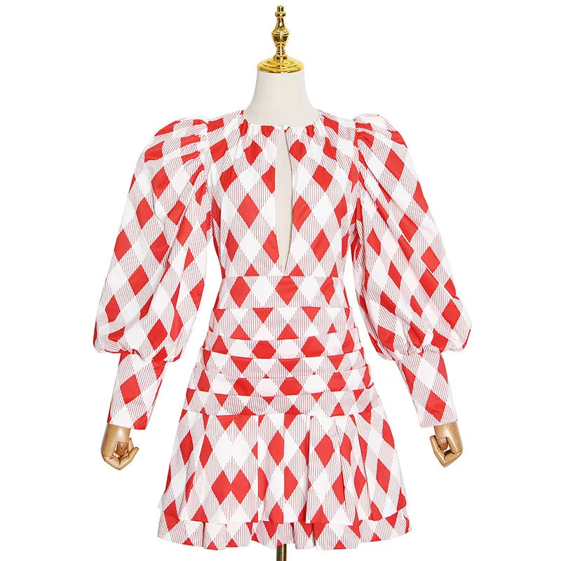 

New fashion elegant crew neck lantern sleeve plaid stitching contrast waist short long sleeve dress women