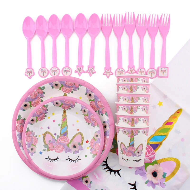 Единорог вечерние одноразовые столовые приборы украшения для дня рождения