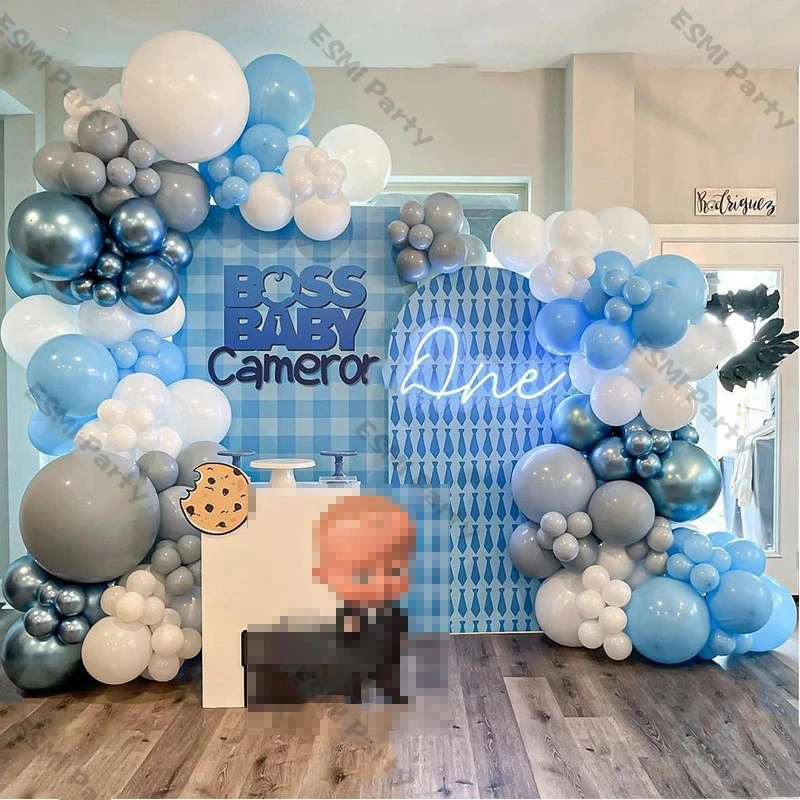 Guirnalda de globos de color blanco y azul claro para ni&ntilde;os, decoraci&oacute;n de cumplea&ntilde;os, Baby Shower, bola azul cromada, suministros de decoraci&oacute;n para el D&iacute;a de los ni&ntilde;os, 167 piezas-0