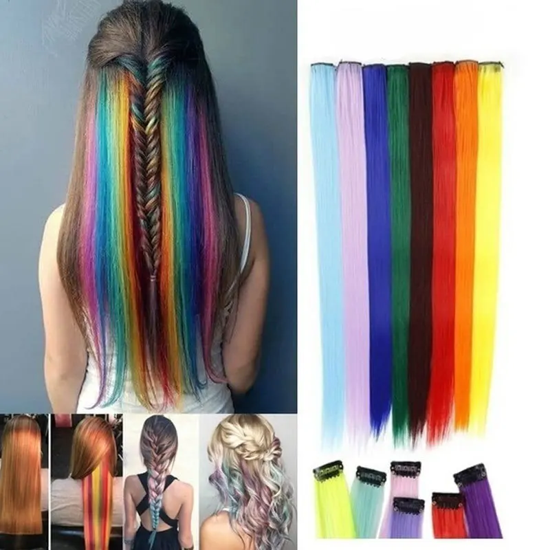 

Straight Colorful Hair Clip In Highlight 55cm Long Rainbow Hair Streak Hair Girl Strands on Hair Braids Kids Hair Accessories