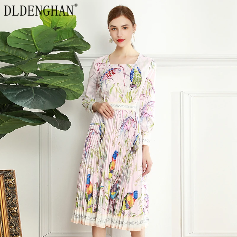 

DLDENGHAN Fashion Floral Print Spring Dress Women's Square Collar Long Sleeve Diamonds Pleated Dresses Designer New