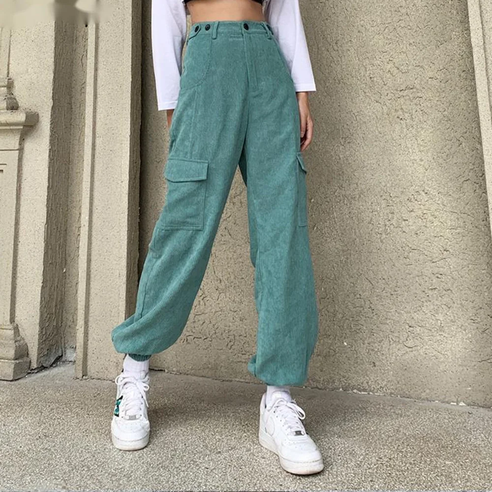 

Adjustable High Waist Punk Cargo Pants Women Vintage Baggy Joggers Corduroy Pants Casual Street Style Capris Activewear