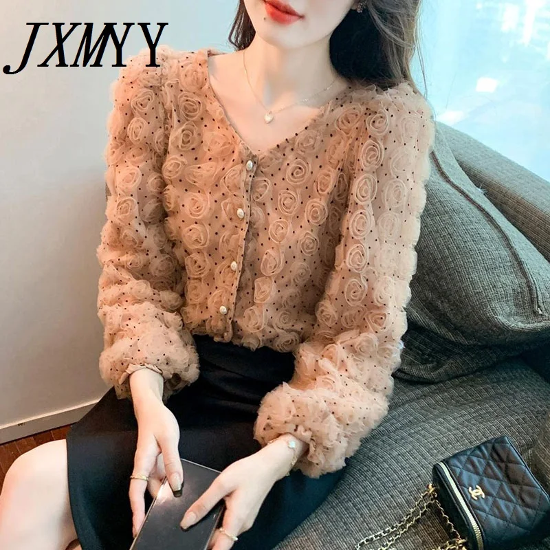JXMYY 2022 Spring New Fashion Three-Dimensional Flower Lace Bottoming Shirt Female V-Neck Design Elegant Temperament Blouse | Женская