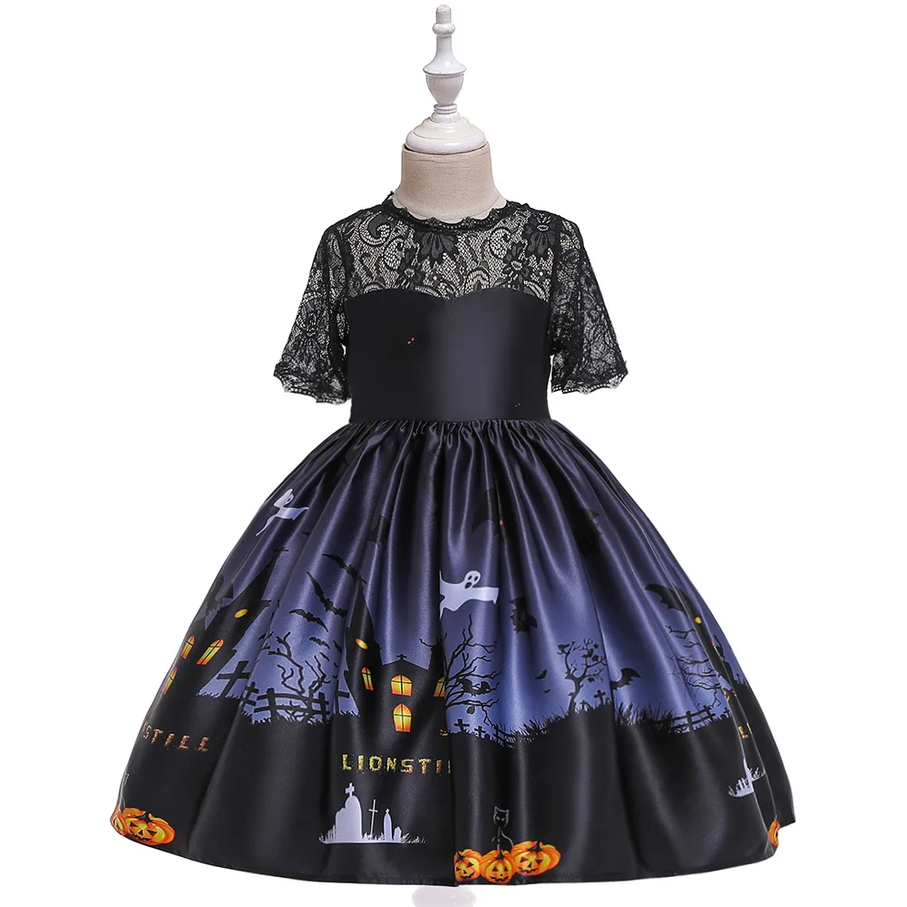 

2021 Halloween Party Dresses For Girls Pumpkin Ghost Cartoon Print Kids Children Dresses Prom Gown vestido nia 2 8 10 Years