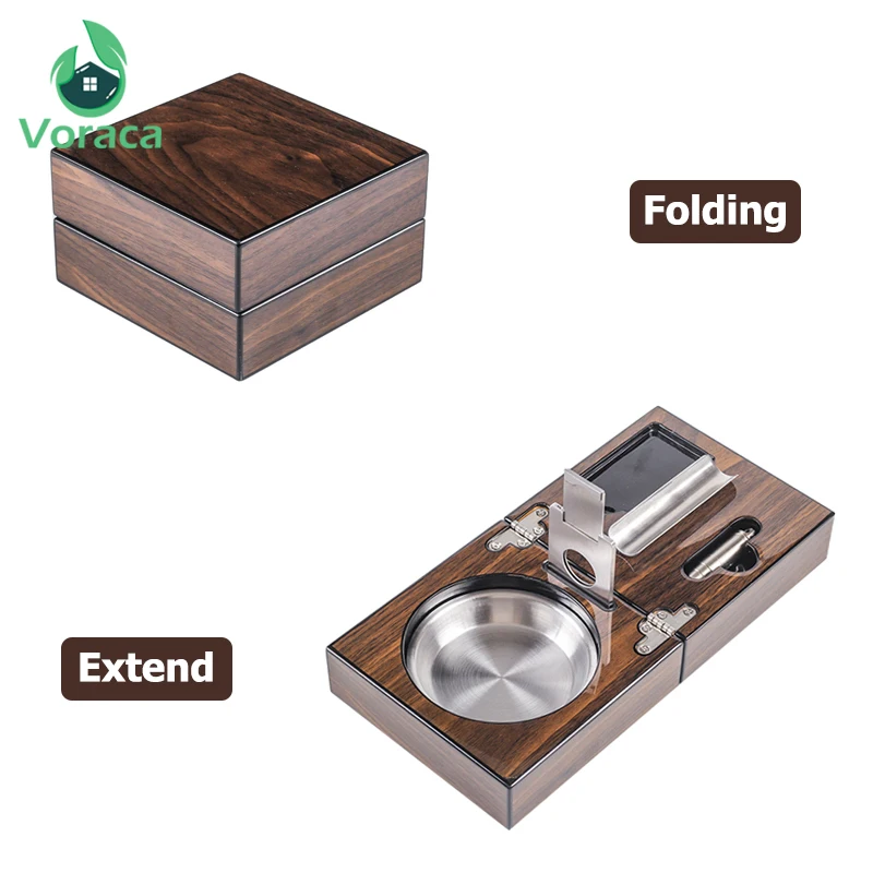 

Foldable Wood Cigar Ashtray Metal Tobacco Ash Tray Holder with Cutter and Hole Puncher for Home Office Hotel Smoking Accessories