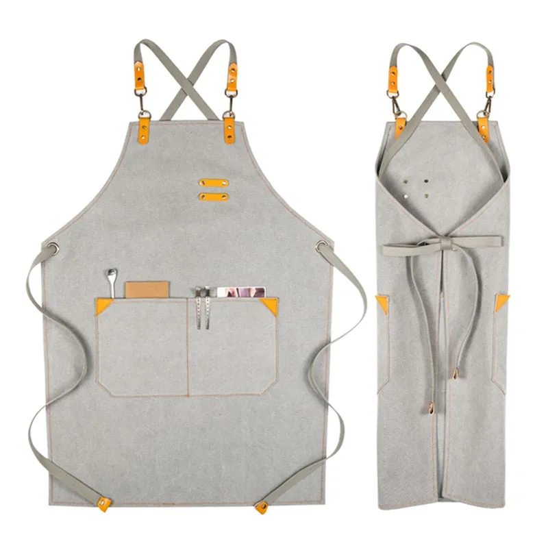 Серый брезентовый фартук перекрещивающийся хлопковый ремень кафе бармен