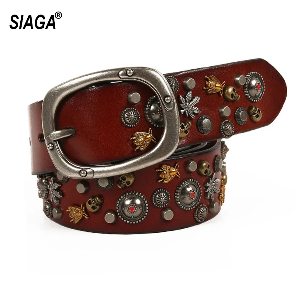 Unisex Personalized Rivet Punk Knight Style Retro Pin Belts Cowhide Leather Belt for Women Accessories 3.8cm Width SA010