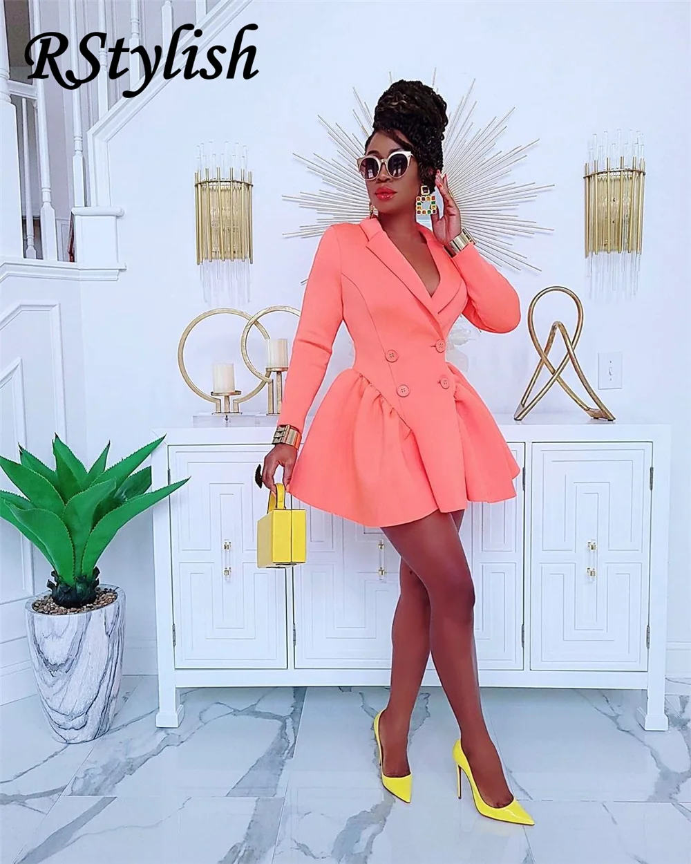 

Fashion Women Clothing Double Button Up Notched Solid Long Sleeve Office Lady Elegant A Line Blazer Dress Black White Pink 2XL