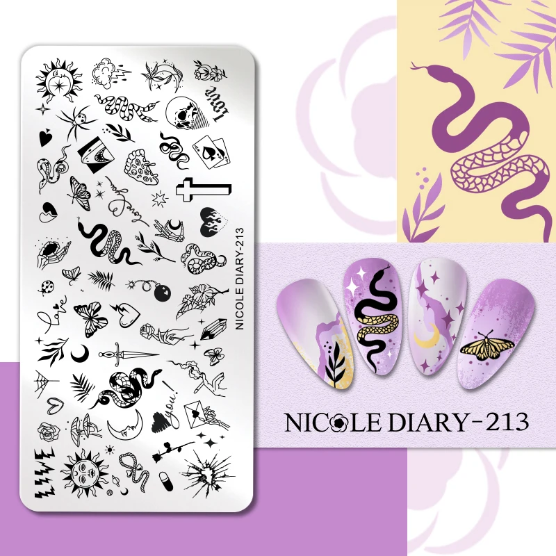 

NICOLE DIARY Snake Flower Design Stamping Plates Stripe Line French Nail Stamp Templates Leaf Floral Printing Stencil