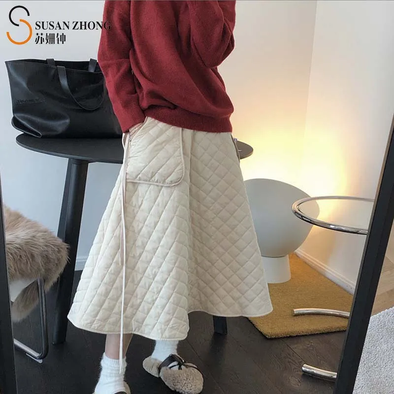 

Women Skirts Female Bottoms Padded Cozy Athleisure Fall Winter Loose A-Line High Waist Belt Pockets Pattern Quilted Long Warm