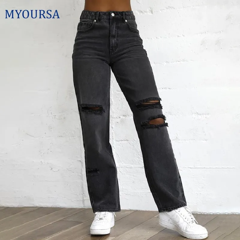 

Boyfriend Straight Baggy Ripped Jeans Women Streetwear High Waist Distressed Denim Pants Loose Washed Trousers 2021 Fashion Jean