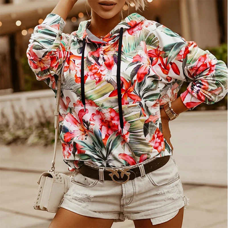 

2021 Spring and Autumn Fashion New Women's Color Printing Hooded Long-sleeved Loose Casual Pullover Sweater with Pockets