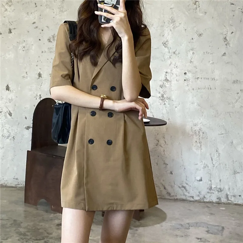 

HziriP New French Chic Fashion All-Match Retro Waist Suit Collar Hot Slimming 2021 Double Breasted Ladies Casual Korean Dress