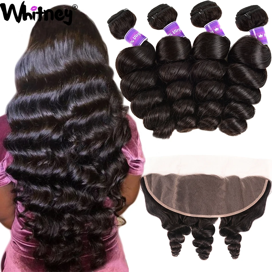 Mongolian Loose Wave Bundles With Frontal 100% Virgin Hair Lace Closure With Bundles Loose Deep 3/4 Bundles With Frontal Closure