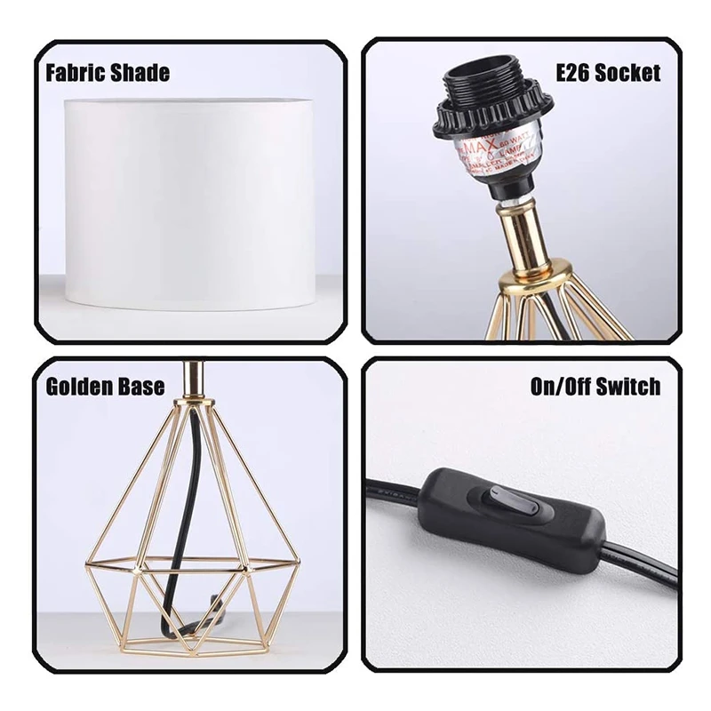 

Modern Style Golden Hollowed Out Base Bedside Living Room Bedroom Table Lamp, Desk Lamp with White Fabric Shade
