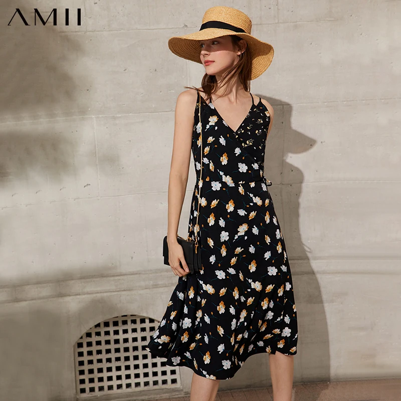 

Amii Minimalism Fashion Dress For Women Offical Lady Printed Sling Women's Causal Beach Dress Women's Party Dress 12190001