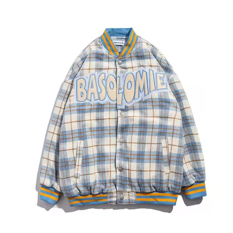 

Plaid Green Letter Embroidery Baseball Uniform Oversized Jacket Women Men Coat Streetwear Casual Bomber Jacket Women Fall Winter