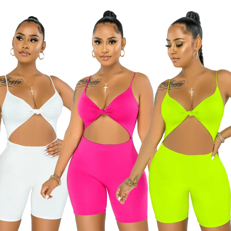 

Echoine Women Fashion Sexy Solid Color Knotted Hollow Sling Slim Hip-fitting Jumpsuit Rompers Drop Shipping