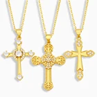 FLOLA Позолоченный Хрустальный Крест ожерелье для женщин кулон из фианита ожерелье христианские ювелирные изделия аксессуары Подарки nkev08