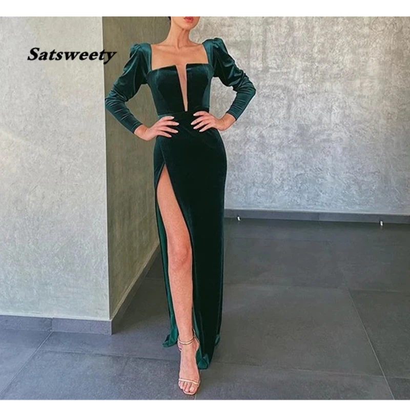 

Velour Prom Dresses Long Sleeves 2021 Vestido De Festa Mermaid Side Slit Evening Party Dresses Vestidos De Gala