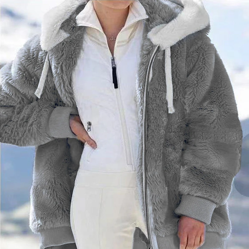 Plush Zipper Hooded Jacket for Women New Autumn Winter Loose Casual Warm Fur Coats For Women Winterwear Long Jacket Female