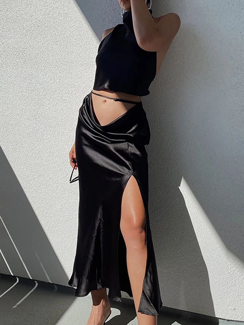 

NANXI Elegant Fashion Long Sleeve Slit Sexy 2 Pieces Dress Sets for Women Crop Top Backless and Skirts Outfits Matching Sets