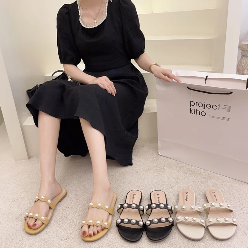 

Beach Shoes Ladies' Slippers String Bead Slipers Women Sabot Flat 2021 Slides Rubber PU Shoes Ladies' Slippers Slipers Women Sha
