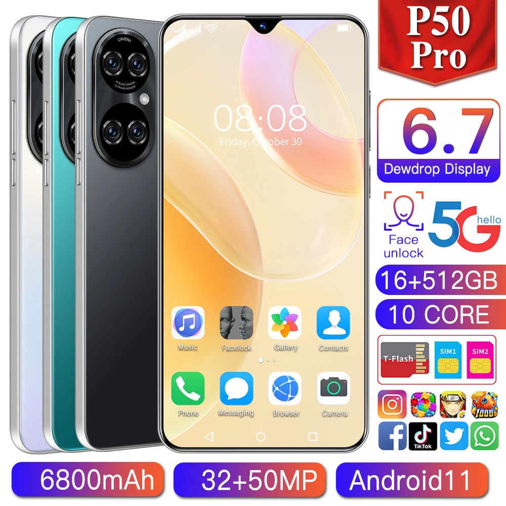 

2021 P50 Pro 16GB 512GB 32MP 50MP Global Version Smartphone 6.7 Inch 10 Core 6800MAH Face ID Qualcomm Snapdragon 888 Cell Phones