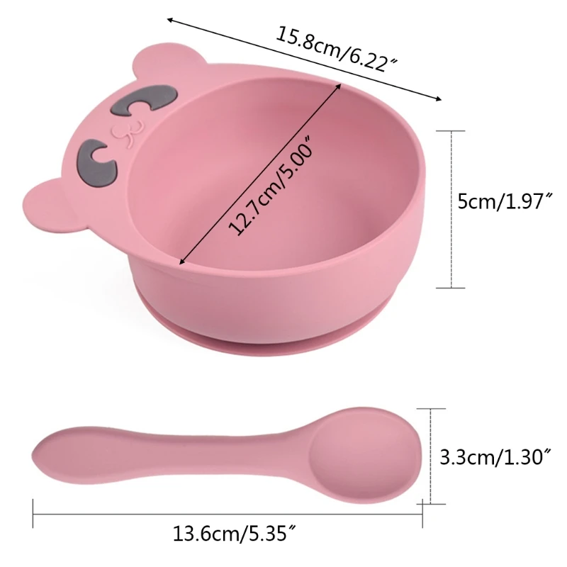 

808E 2 Pcs Cartoon Bear Baby Training Feeding Food Bowl Spoon Set Anti Slip Silicone Suction Dinner Plate Dish Scoops Utensil