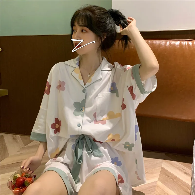 CAIYIER Sweet Nightwear Suit Summer Women Pajamas Turn-down Collar Short-sleeved Sleepwear Korean Girl Floral Print Home Wear