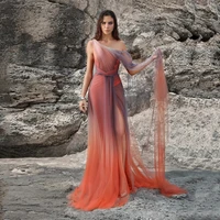 2021 newest one shoulder gradient tulle prom dresses long open back sheath side slit sexy summer formal party prom gowns
