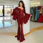 Блестящие вечерние платья-русалки с блестками, бордового цвета, длинное платье с круглым вырезом и расклешенными рукавами, платье для выпускного вечера в арабском стиле, вечернее платье с длинными рукавами, 2021