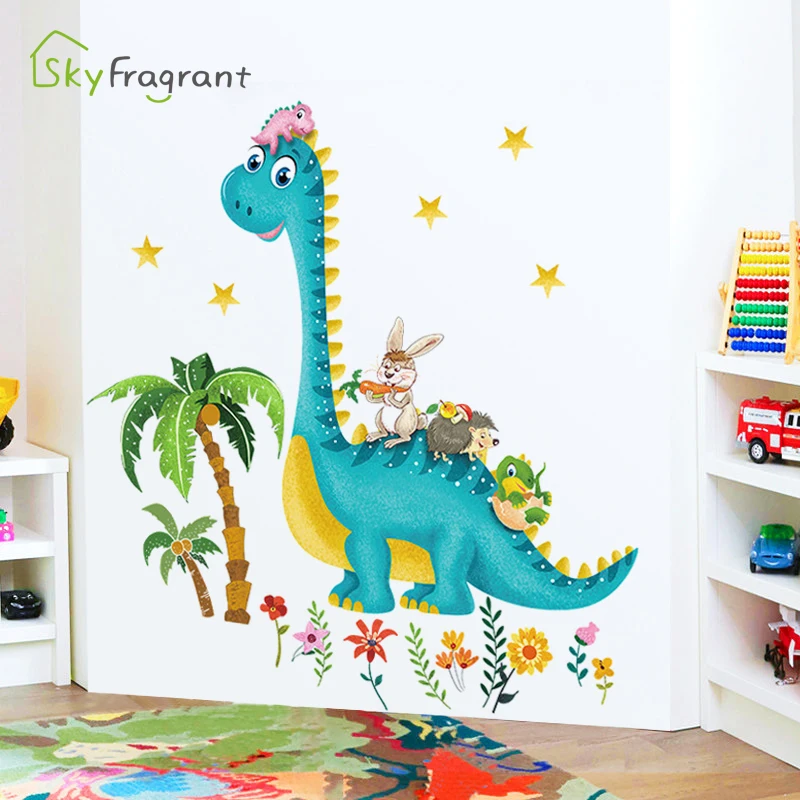Наклейки на стену с мультипликационным динозавром самоклеящиеся домашний декор