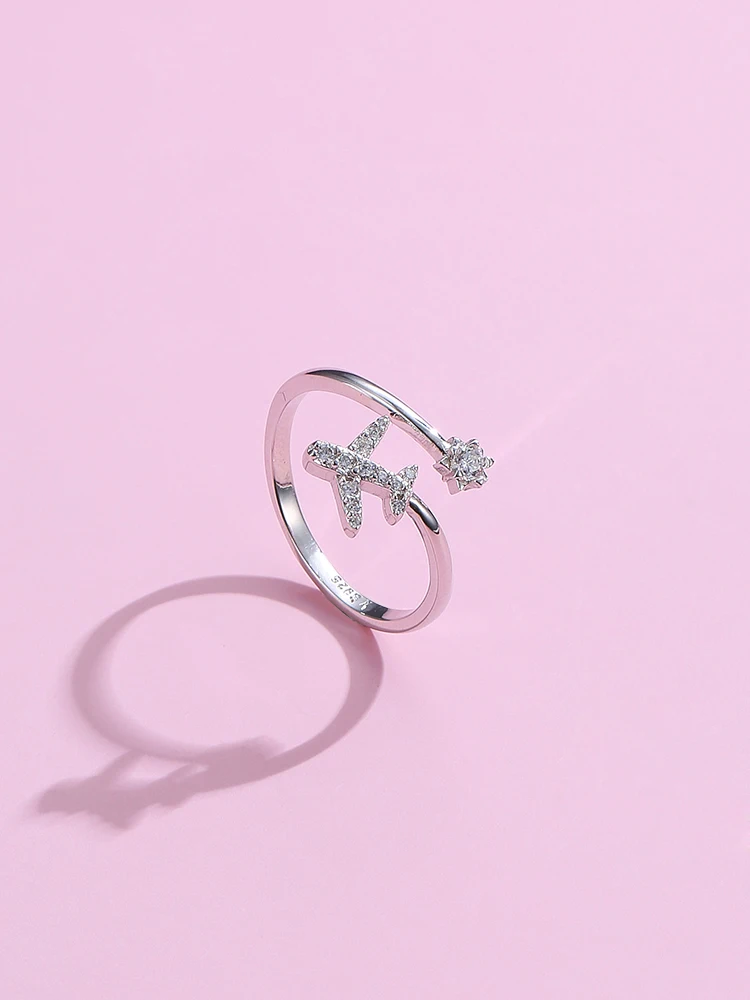 

LEKANI Genuine 925 Sterling Silver Flying Plane Open Rings For Women Cubic Zirconia Adjustable Birthday Ring Gift Fine Jewelry