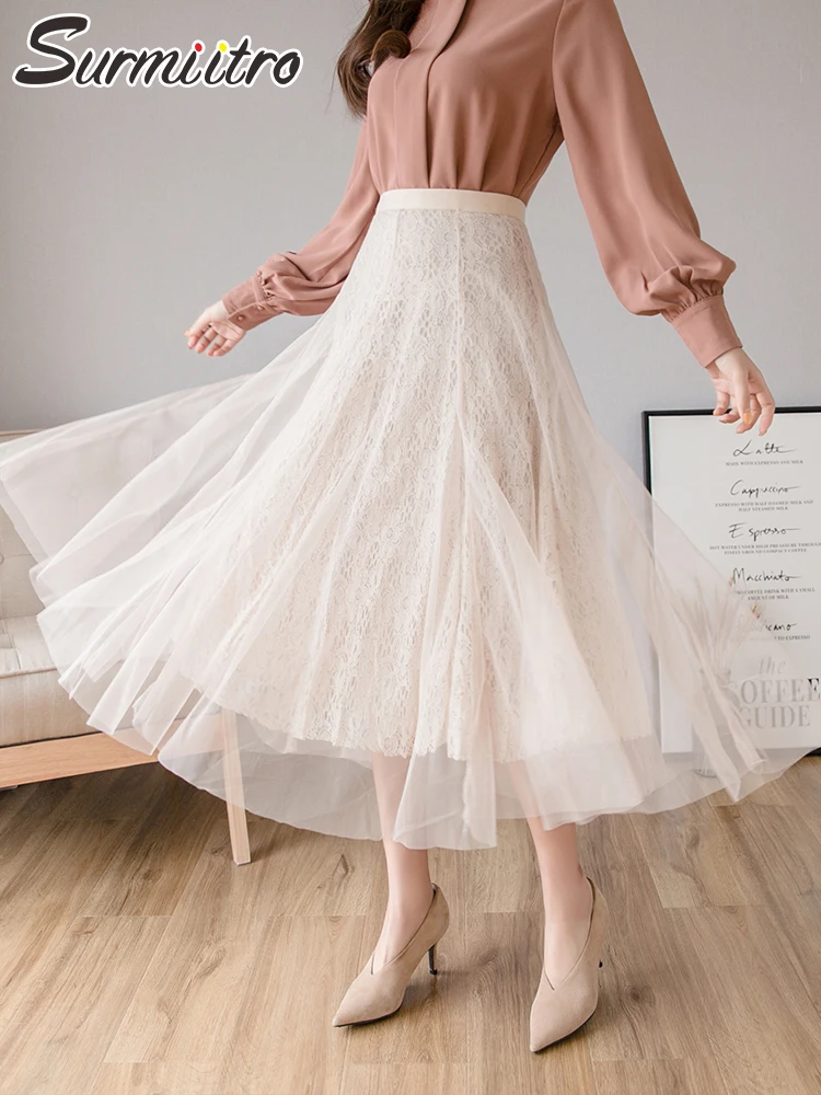 

SURMIITRO 2022 Spring Summer Korean Fashion Women Midi Long Aesthetic Tulle Mesh Lace High Waist A Line Pleated Skirt Female