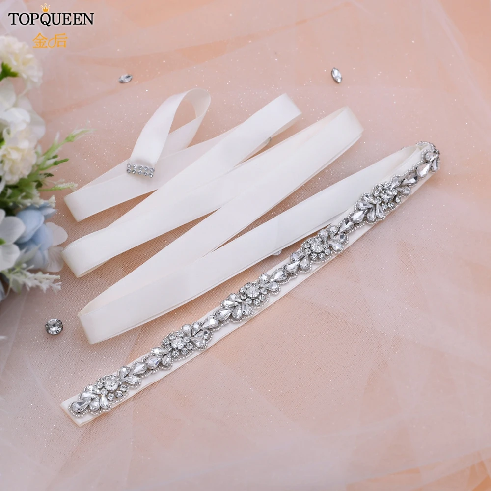

TOPQUEEN S235 Burgundy Maroon Ribbon Bridal Rhinestone Belt Silver Decorative Sash Belts Wedding Belts Crystal Womens Belt Ivory