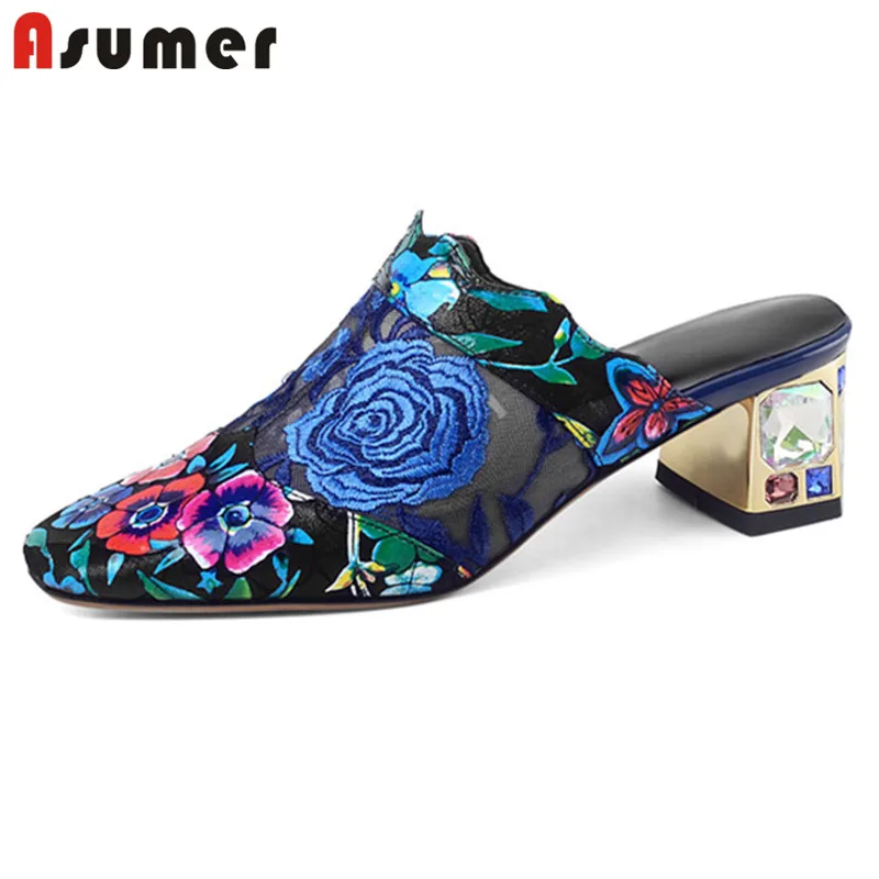 

Asumer 2021 Hot Sale Mules Women Pumps Print Round Toe Slip On Summer Crystal High Heels Casual Party Shoes Ladies