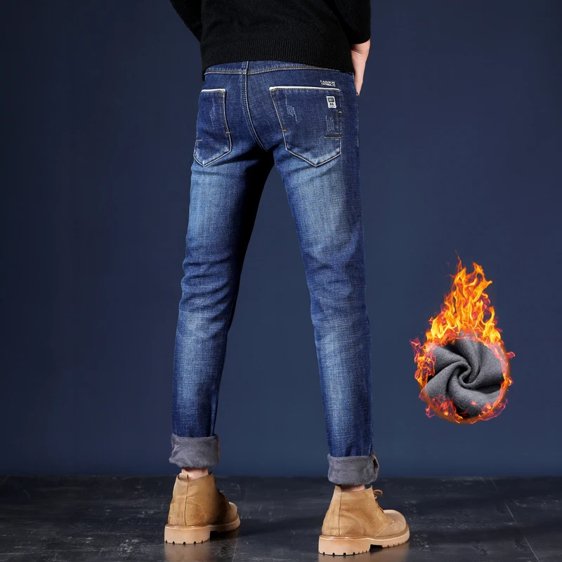 Men'S Pants Jeans Winter Warm Black Blue Slim Business Denim Trousers Biker High Quality Male Straight Casual Designer