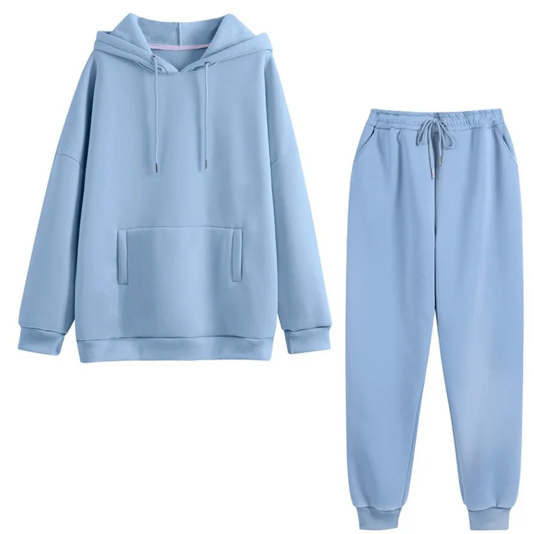 

Autumn and winter new hooded sweater with plush and thickened two piece loose top and trousers suit